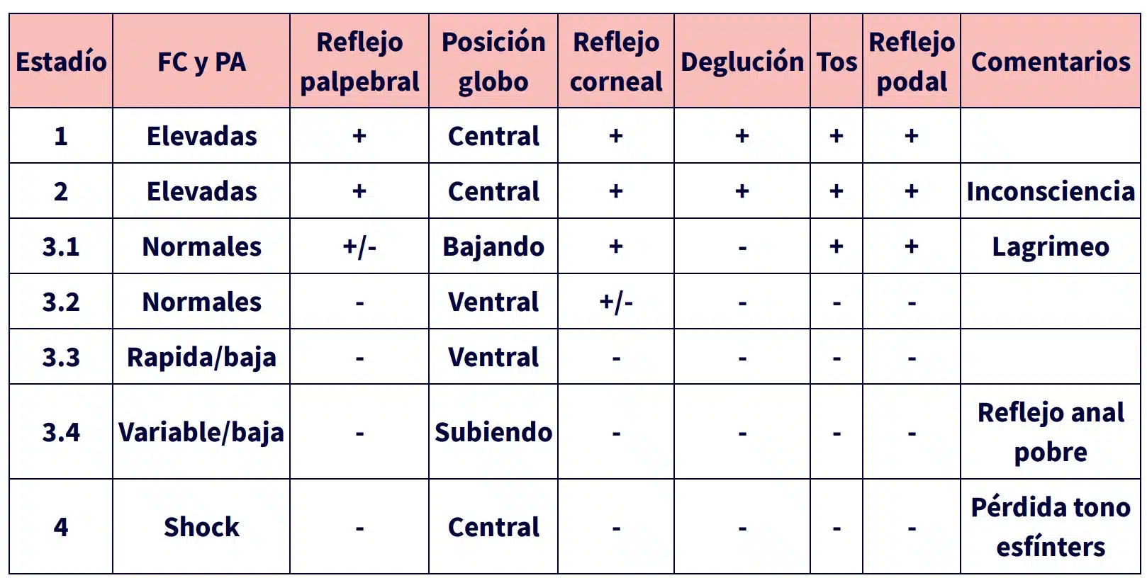 Diferentes características en nuestros pacientes dependiendo del grado anestésico