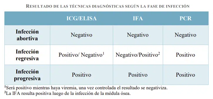 Resultados de las técnicas diagnósticas según la fase de infección